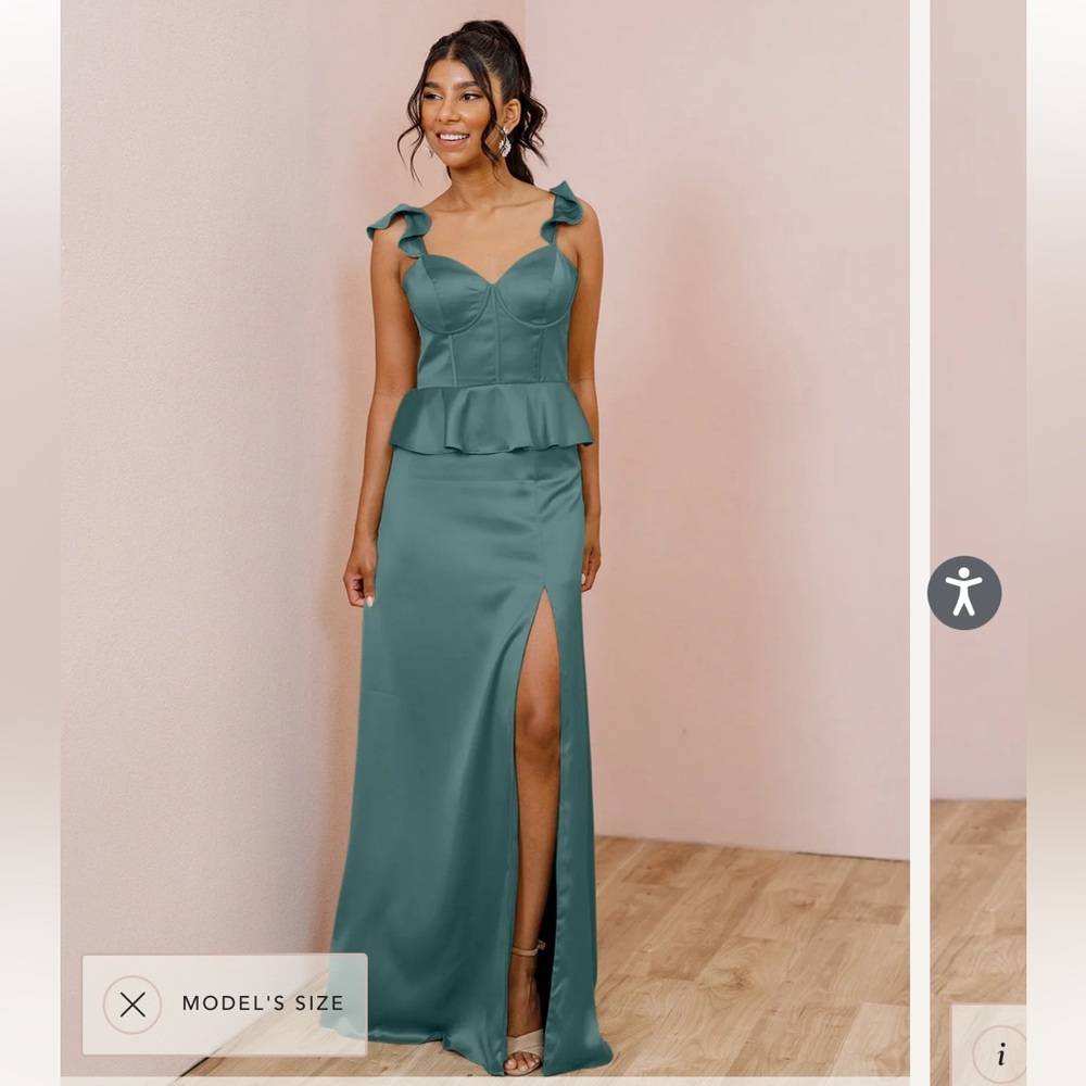 Revelry Piper satin bridesmaid dress- eucalyptus